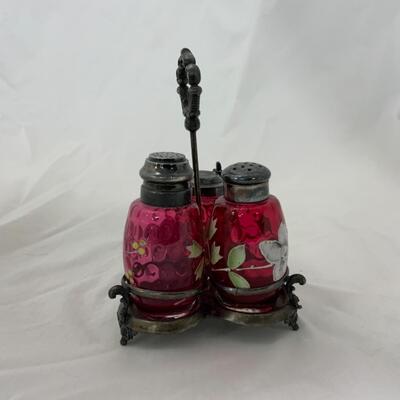 [48] ANTIQUE | Hand Painted Cranberry Cruet 