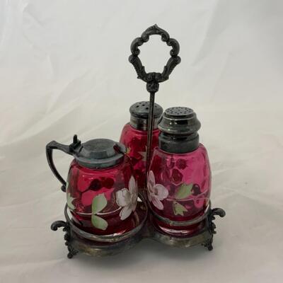 [48] ANTIQUE | Hand Painted Cranberry Cruet 