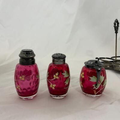 [48] ANTIQUE | Hand Painted Cranberry Cruet 