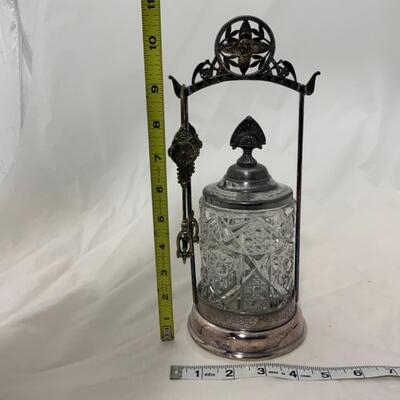 [66] ANTIQUE | Heavy Crystal Canister | Pickle Castor | Tongs