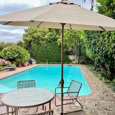 Lot 49 Brown Jordan Glass Top Round Table + 4 Chairs + Umbrella