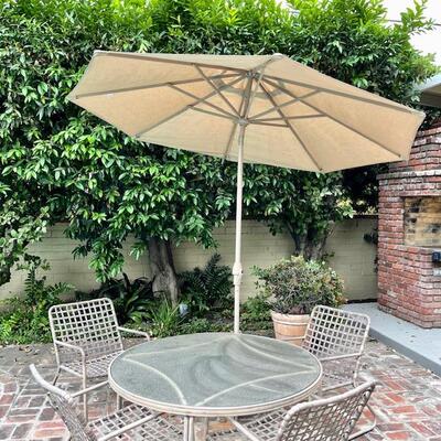 Lot 49 Brown Jordan Glass Top Round Table + 4 Chairs + Umbrella