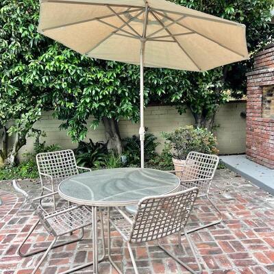 Lot 49 Brown Jordan Glass Top Round Table + 4 Chairs + Umbrella