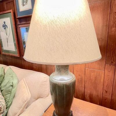Lot 59 MCM Pair Metal Lamps Pattern Finish 36" tall With Shades