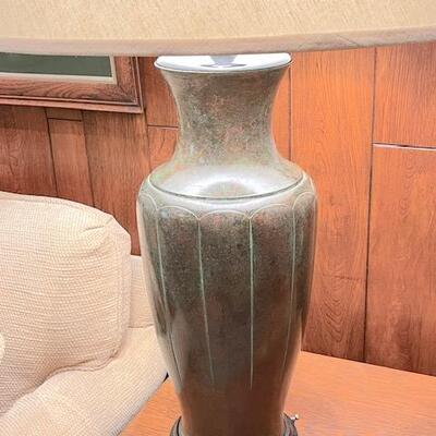 Lot 59 MCM Pair Metal Lamps Pattern Finish 36" tall With Shades