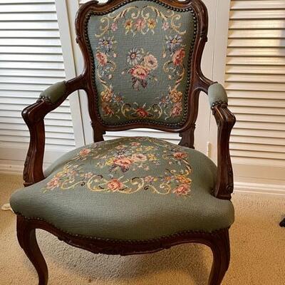 Lot 65 French Revival Arm Chair Floral Needle Point Seat & Back Carved Wood