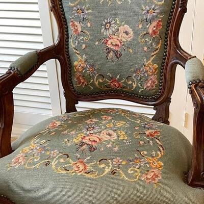 Lot 65 French Revival Arm Chair Floral Needle Point Seat & Back Carved Wood