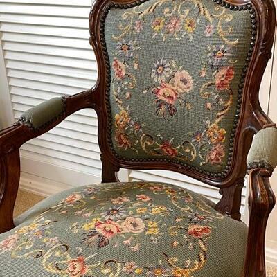 Lot 65 French Revival Arm Chair Floral Needle Point Seat & Back Carved Wood