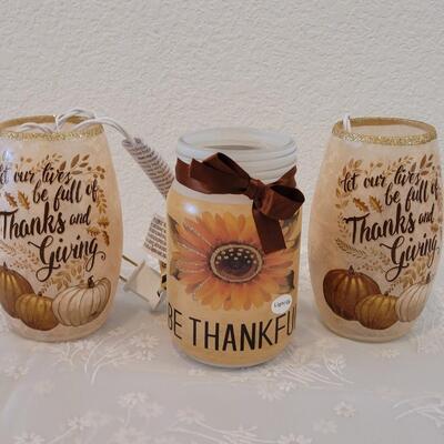 Lot 51: Fall (2) Light Up Glass Deco (plug in) and Light Up Mason Jar