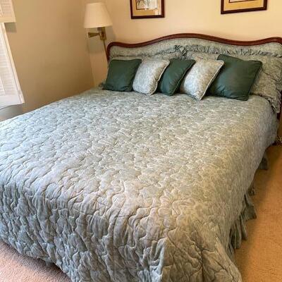 Lot 75 King Size Bed w/Headboard Comforter Sheets & Pillows