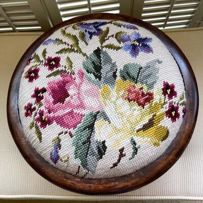 Lot 80 Antique Footstool Rose Needle Point Cover