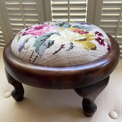 Lot 80 Antique Footstool Rose Needle Point Cover