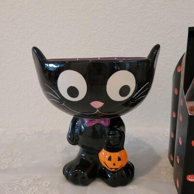 Lot 65: Halloween Plastic Pop Bottles and Black Cat Bowl