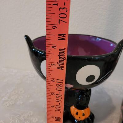 Lot 65: Halloween Plastic Pop Bottles and Black Cat Bowl