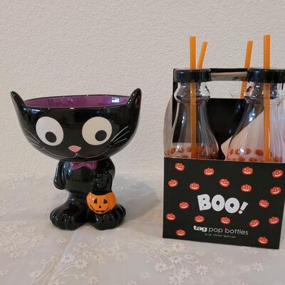 Lot 65: Halloween Plastic Pop Bottles and Black Cat Bowl