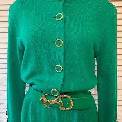 Lot 105 Vintage St. John Green Knit Dress Size 10 Front Buttons Belt w/ Anchor Buckle