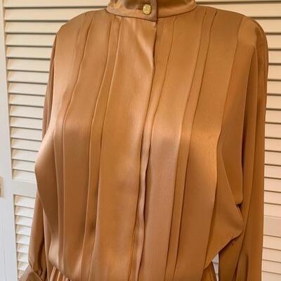 Lot 111 Vintage High Collar Dress Light Brown Long Sleeves Size Medium 