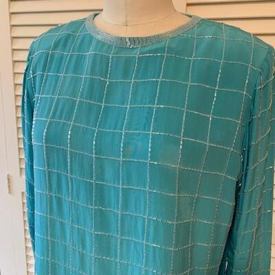 Lot 113 Vintage 2pc Blue Dress Beaded Top w/Slip Under Dress Pleated Bottom Size 8