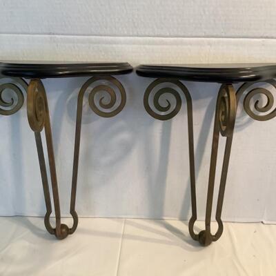 B1138 Pair of Brass and Black Hanging Wall Shelves