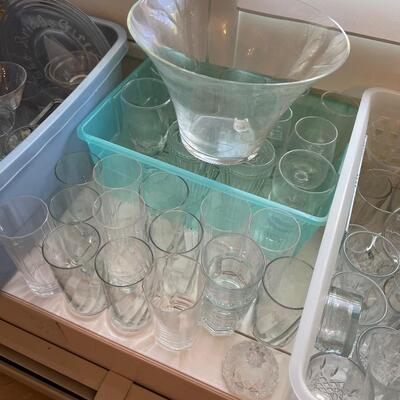 #382 1 GIANT Lot of CLEAR Glass: Glasses, Plates and Serving Bowls.