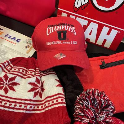 #489 U of U Ute Lot: Bag, Muffler, Flag, Beanies, Ski Pants. 