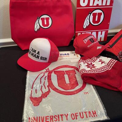 #489 U of U Ute Lot: Bag, Muffler, Flag, Beanies, Ski Pants. 