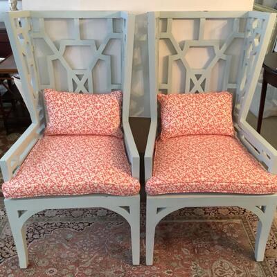 B1150 Pair of Chippendale Wingback Garden Chairs  with Cushions
