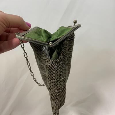 [97] ANTIQUE | Green Satin Lined | Mesh Handbag