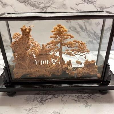 Lot 129 Asian Figures & Scenic Carving In Glass Case
