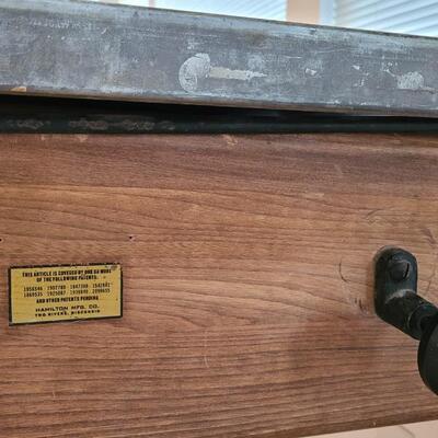 Lot 114: Vintage 2-Drawer Drafting Table / Kitchen Island (top comes off for transport or storage)