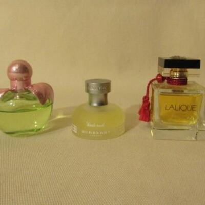 Partially Full Perfume Bottles- Lalique, Burberry, and Nina Ricci