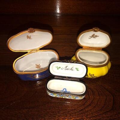 Lot 147 Group 3 French Limoges Pill / Trinket Boxes Porcelain Blue Yellow White