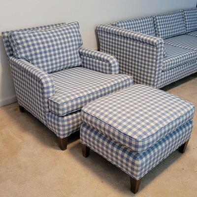 Lot 128: Vintage Chair with Ottoman Blue Checker 