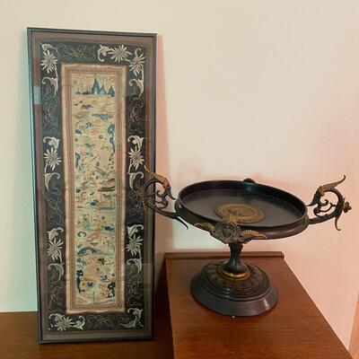 LOT ZYX: Antique Egyptian Revival Figural Bronze Tazza and Framed Silk Tapestry