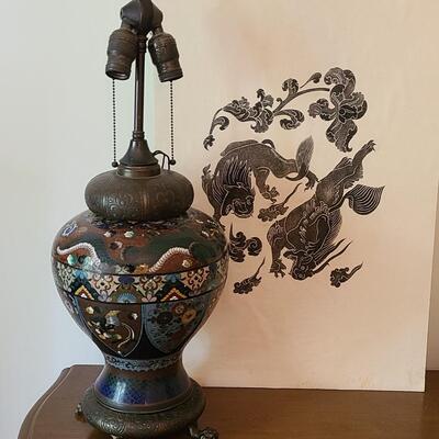 Lot 20: Antique Cloisonne Dragons Lamp & Artwork