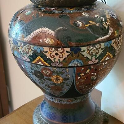 Lot 20: Antique Cloisonne Dragons Lamp & Artwork