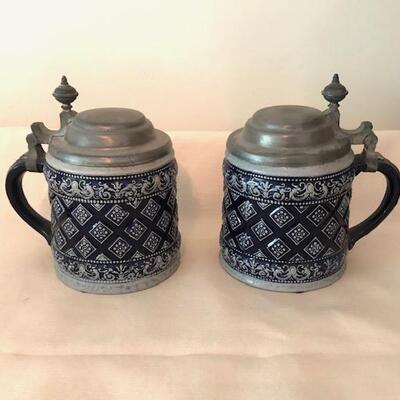 Lot 177 Pair Blue German Beer Steins MR Marzi & Remy Lidded