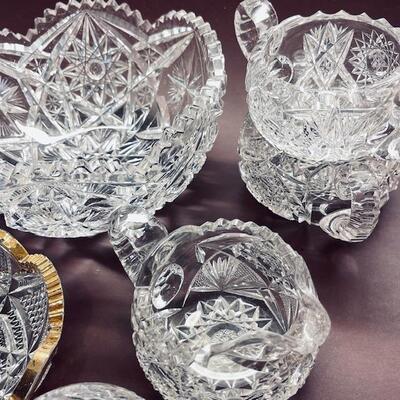 Lot 184 Group 6 pcs  Cut Glass Crystal Centerpiece Bowl Creamer Sugar 
