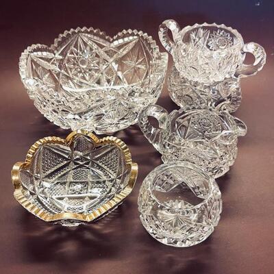 Lot 184 Group 6 pcs  Cut Glass Crystal Centerpiece Bowl Creamer Sugar 