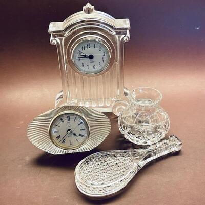 Lot 185 Group of Crystal Clocks Small Vase Paper Weight Tennis Racket