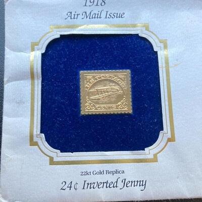 Rare first day issue 1918 Inverted Jenny 24c stamp with 22K gold. Lot A17