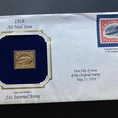 Rare first day issue 1918 Inverted Jenny 24c stamp with 22K gold. Lot A17