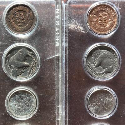 US Coin Sets (2) with 1902 Indian penny, 1905 Indian penny, 1935 buffalo nickel, 1936 buffalo nickel, in 1964 silver dimes, quarters and...