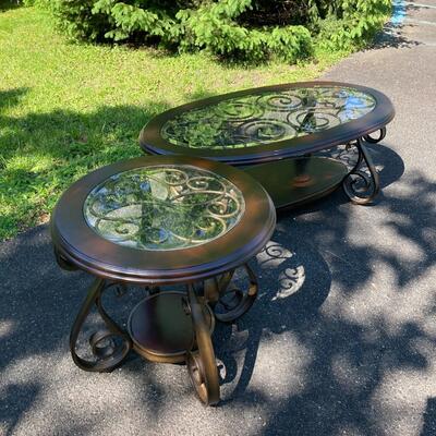 Matching Metal and Glass Coffee Table and Side Table Set