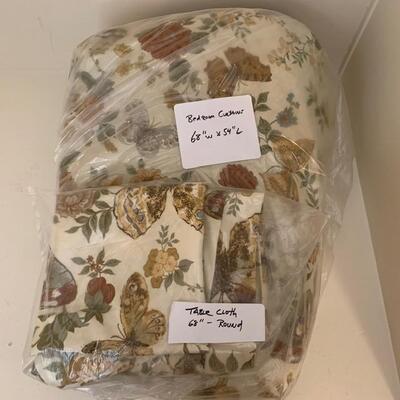 Lot 227 Round Table Cloth 68" + Bedroom Curtains Beige Brown Butterflies