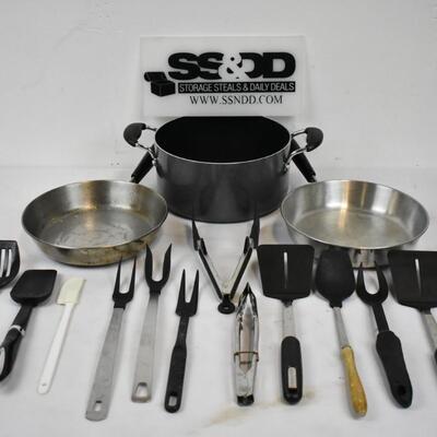 Lot of Kitchenware: Pots, Scrapers, Tongs, Spatulas - Used, dirty