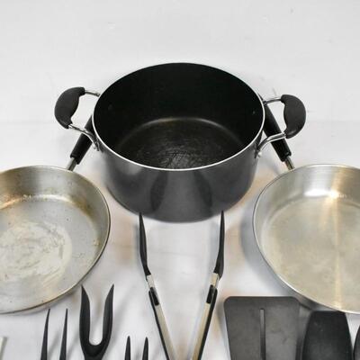Lot of Kitchenware: Pots, Scrapers, Tongs, Spatulas - Used, dirty