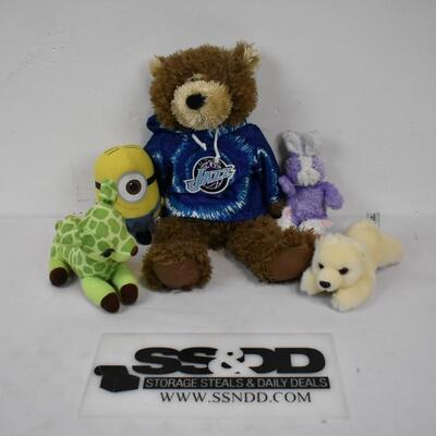 5pc Stuffies: Jazz Teddy Bear, Polar Bear Cub, Rabbit, Minion, Green Deer - Used