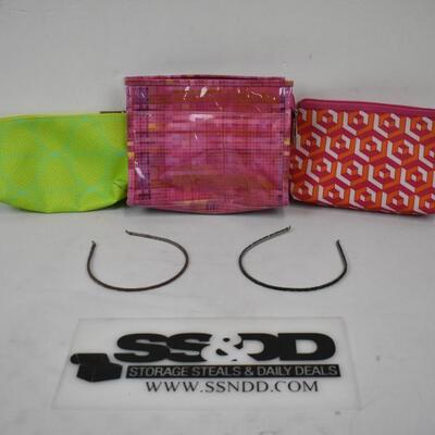 5pc Personal Care: 3 Makeup Bags, 2 Hair Bands - Used, good condition