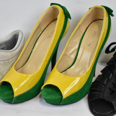 3 Pairs of Shoes: Black Pumps, Green and Yellow Heels, White Nikes
